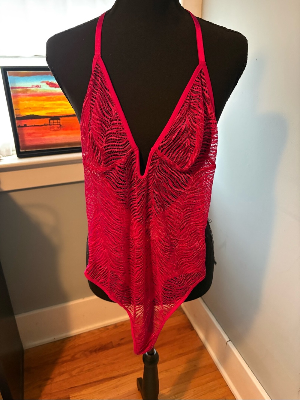Hot Pink Zebra Halter Bodysuit with Plunging Neckline Lace NWT Medium